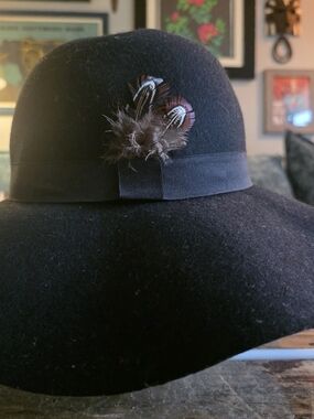 Steve Madden Black Wool Wide Brim Fedora Hat with Feather Accent | One Size